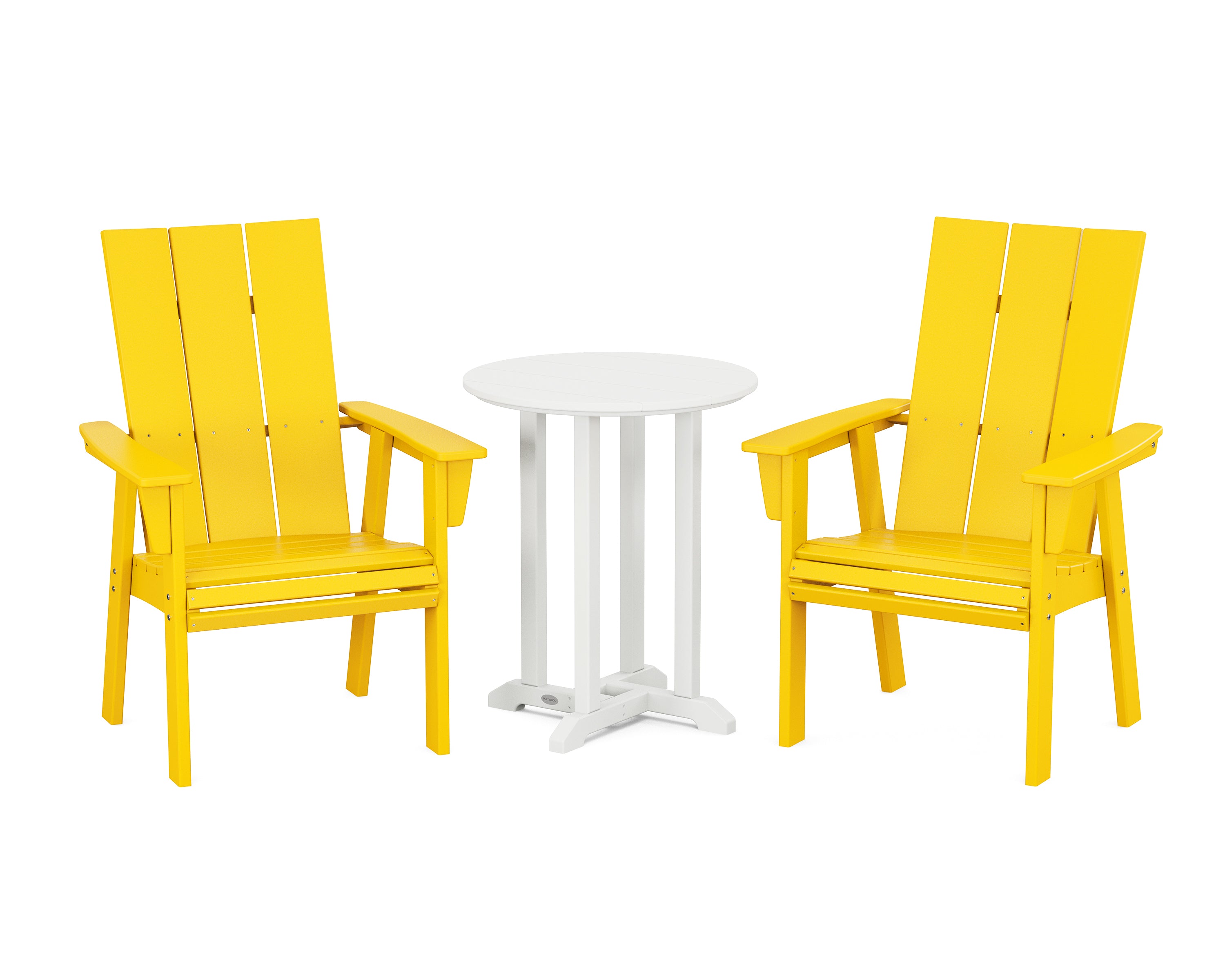 POLYWOOD® Modern Curveback Adirondack 3-Piece Round Bistro Dining Set in Lemon / White