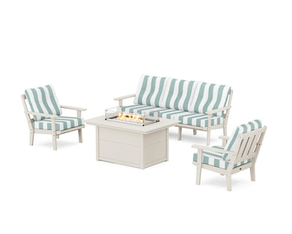 POLYWOOD® Oxford Deep Seating Fire Pit Table Set in Sand / Cabana Stripe Glacier Spa