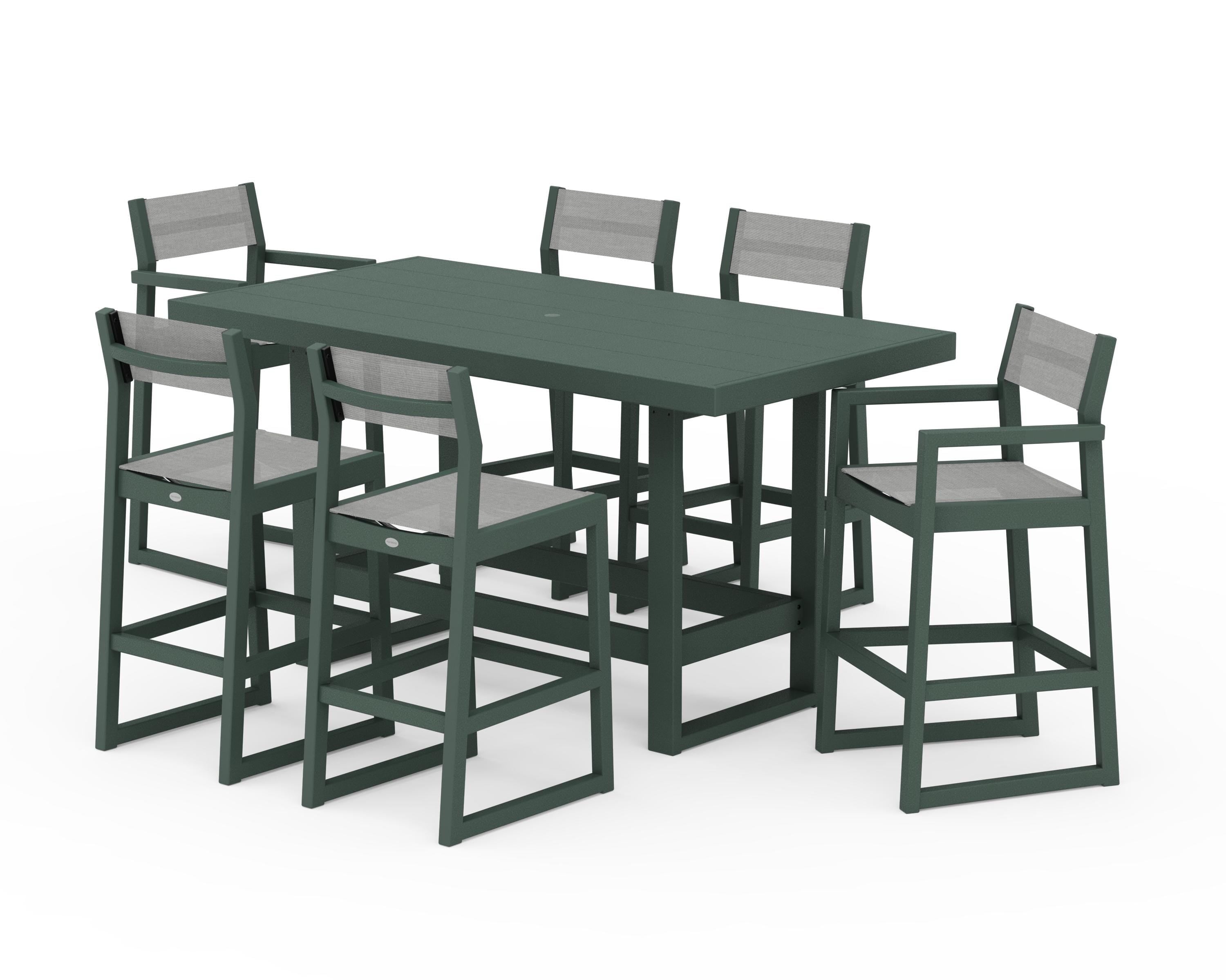 POLYWOOD® EDGE Sling 7-Piece Bar Table Set in Green / Metallic Sling