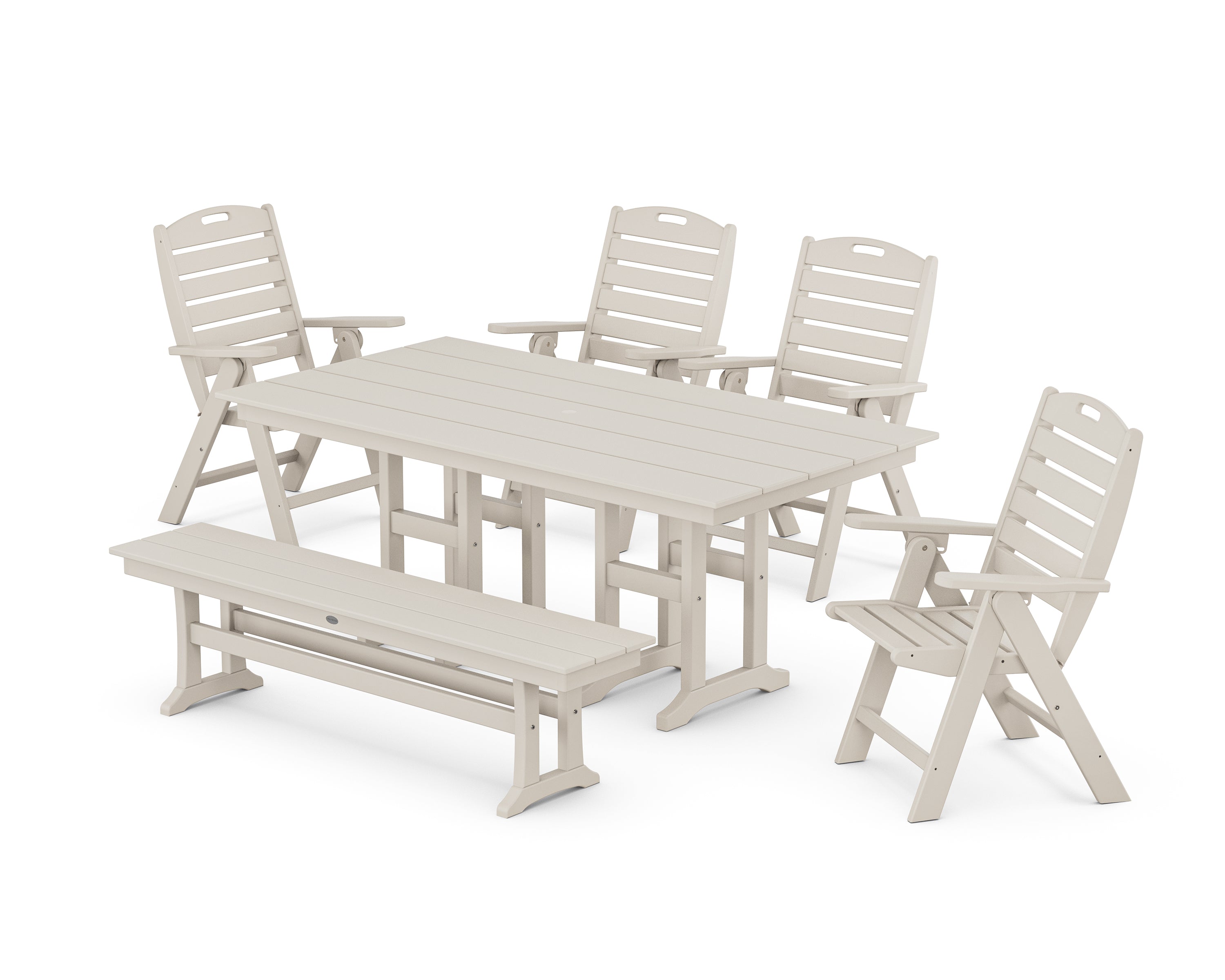 POLYWOOD® Nautical Highback 6-Piece Farmhouse Dining Set with Bench in Sand