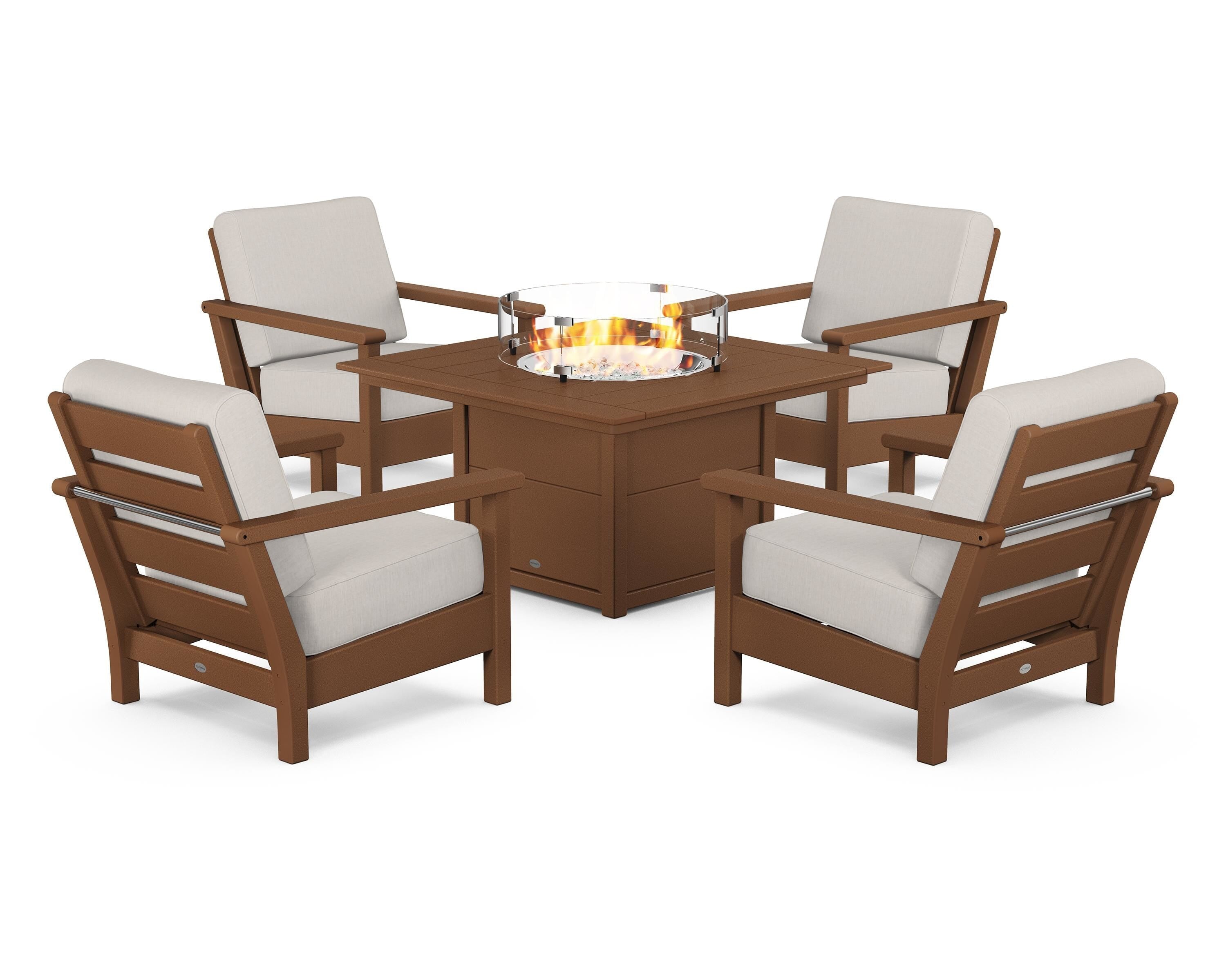 POLYWOOD® Harbour 5-Piece Conversation Set with Fire Pit Table in Teak / Cast Ash