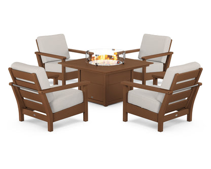 POLYWOOD® Harbour 5-Piece Conversation Set with Fire Pit Table in Teak / Cast Ash