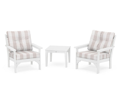 POLYWOOD® Vineyard 3-Piece Deep Seating Set in White / Buffalo Plaid Dune Burlap