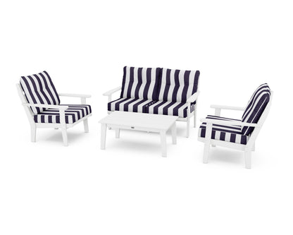 POLYWOOD® Lakeside 4-Piece Deep Seating Set in White / Cabana Stripe Navy