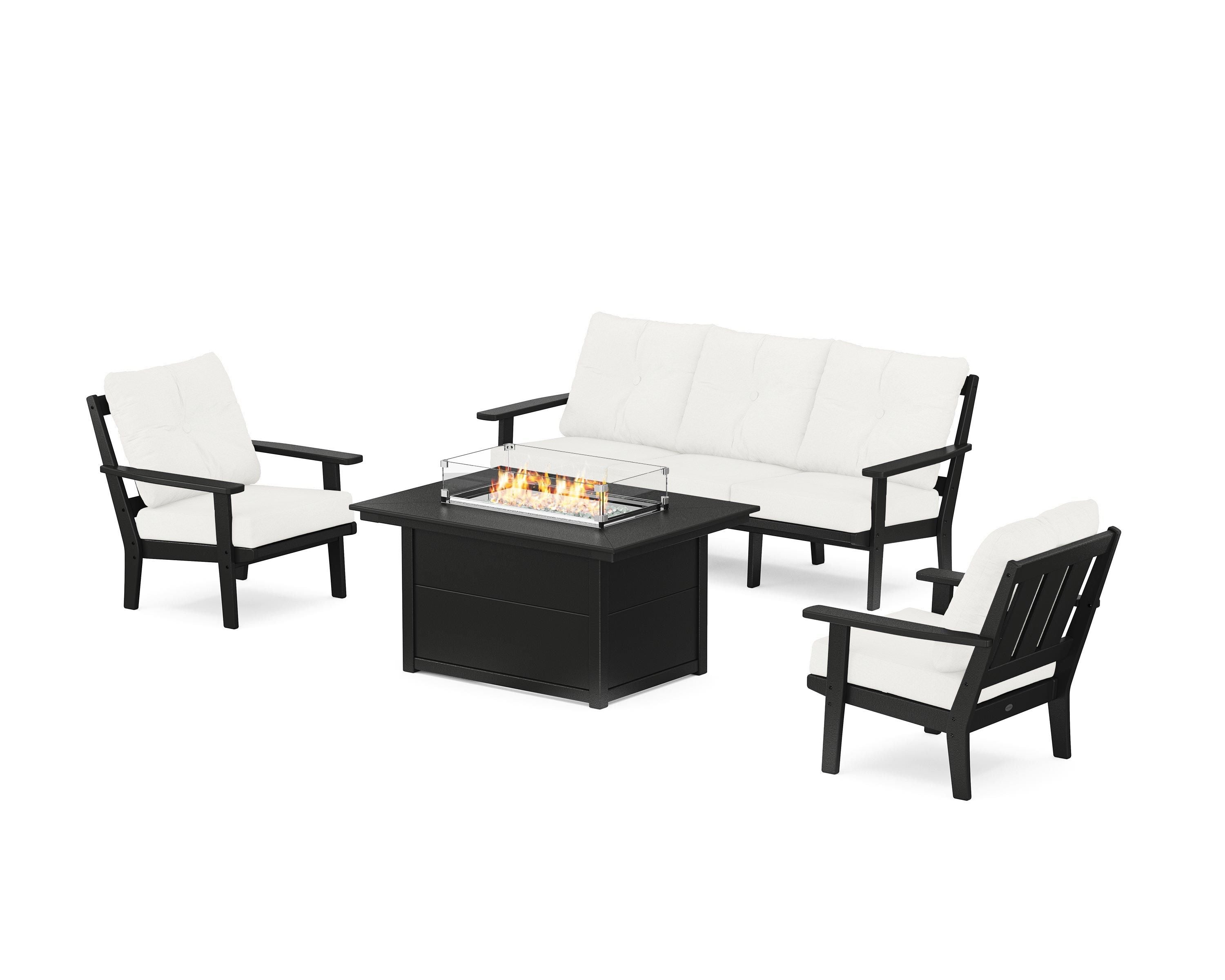 POLYWOOD® Oxford Deep Seating Fire Pit Table Set in Black / Natural Linen