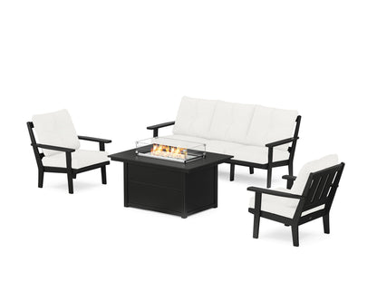 POLYWOOD® Oxford Deep Seating Fire Pit Table Set in Black / Natural Linen