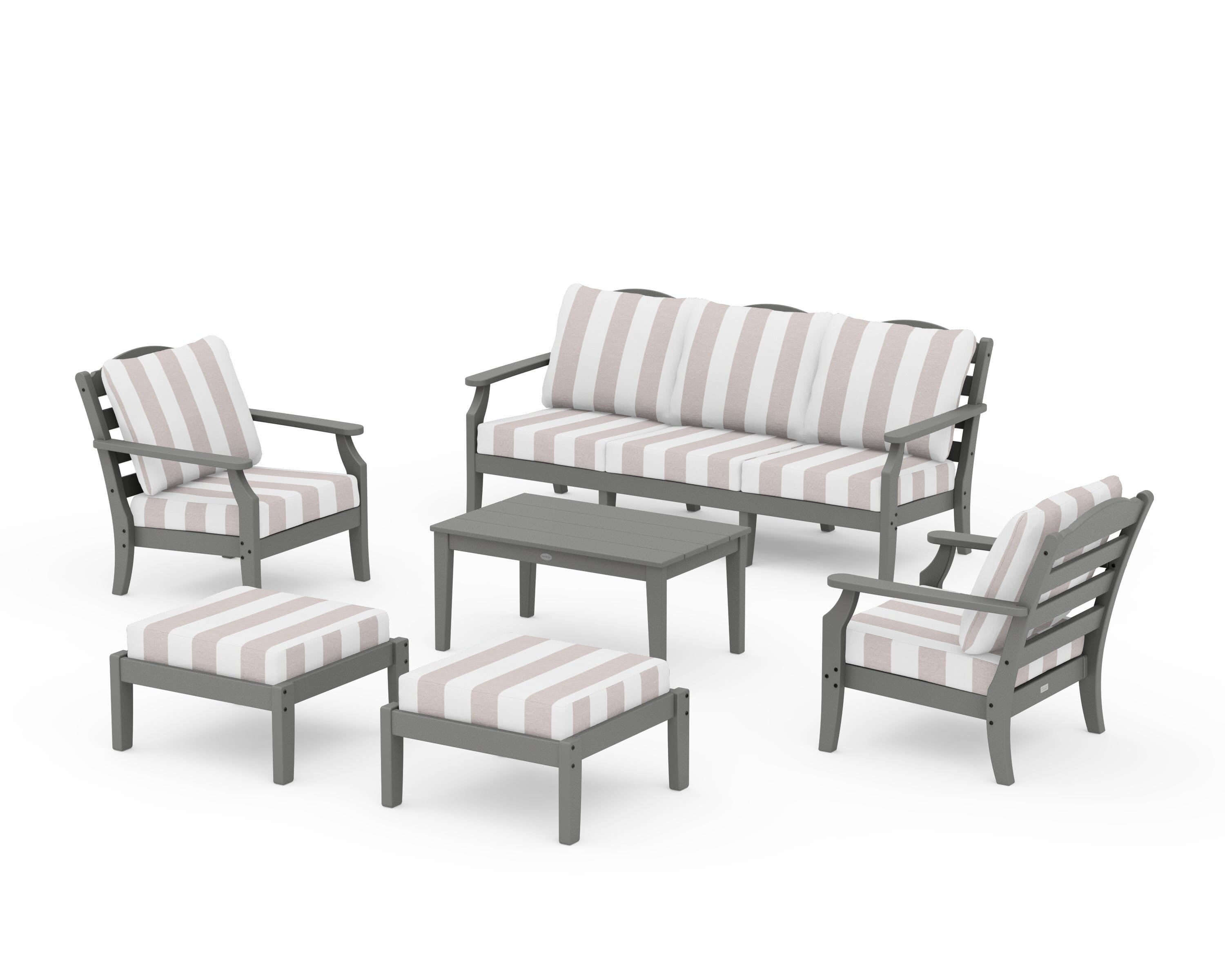 Draper James™ by  POLYWOOD® Savannah 6-Piece Lounge Sofa Set in Slate Grey / Cabana Stripe Dune Burlap
