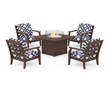 Draper James™ by  POLYWOOD® Savannah 5-Piece Deep Seating Set with Fire Pit Table in Mahogany / Trellis Navy