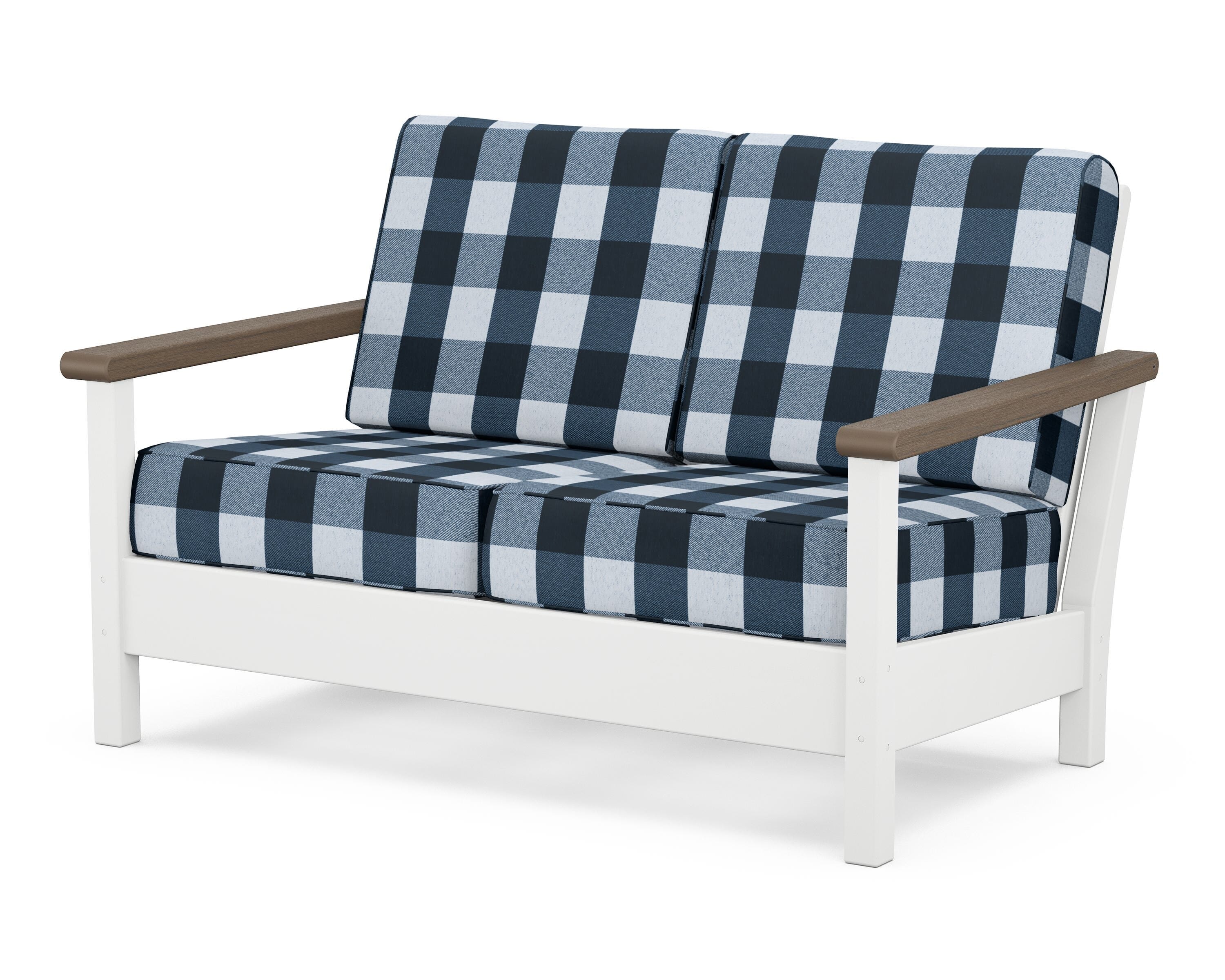 POLYWOOD® Harbour Deep Seating Loveseat in White / Kona / Buffalo Plaid Marine Indigo