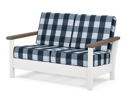 POLYWOOD® Harbour Deep Seating Loveseat in White / Kona / Buffalo Plaid Marine Indigo