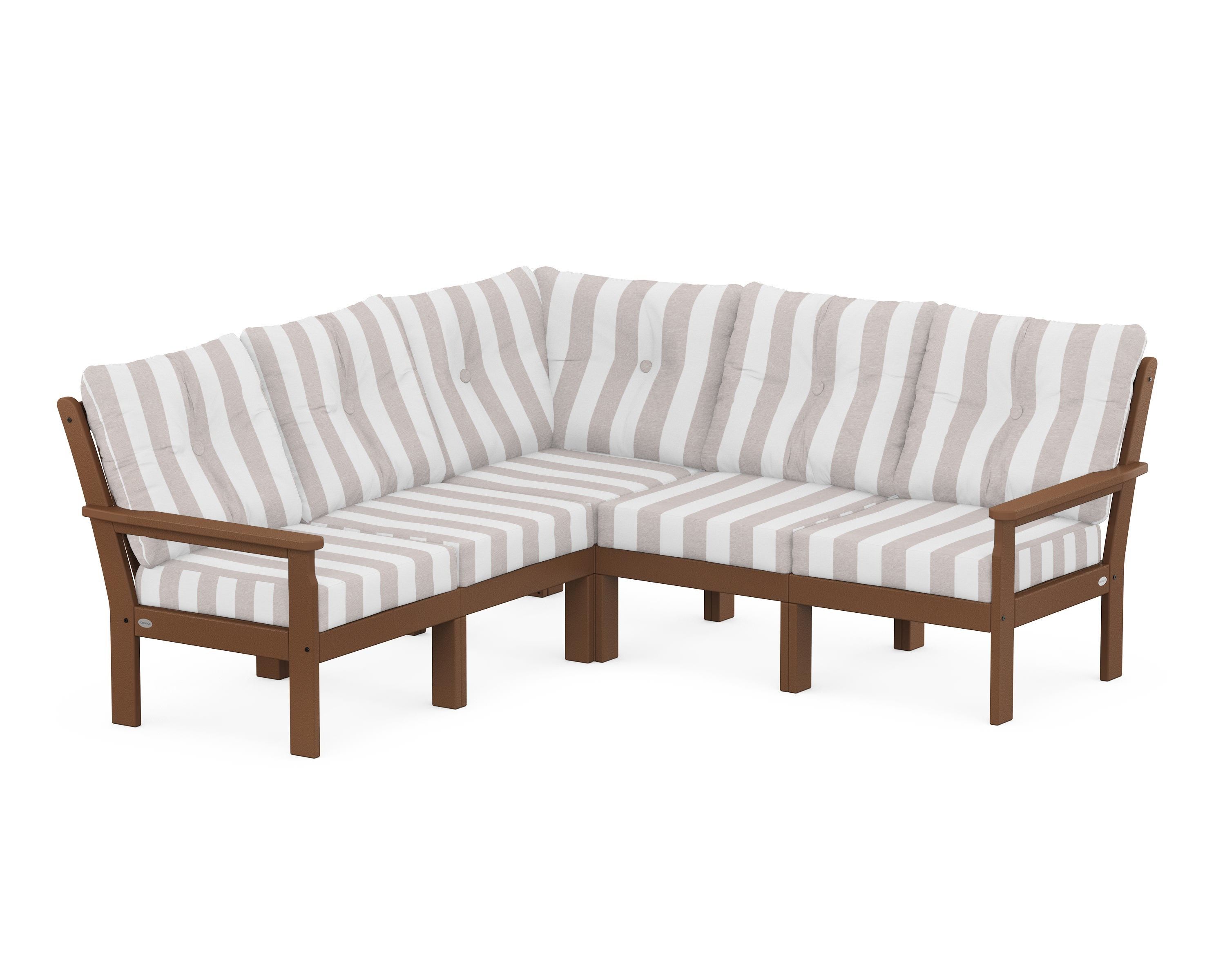 POLYWOOD® Vineyard 5-Piece Sectional in Teak / Cabana Stripe Dune Burlap