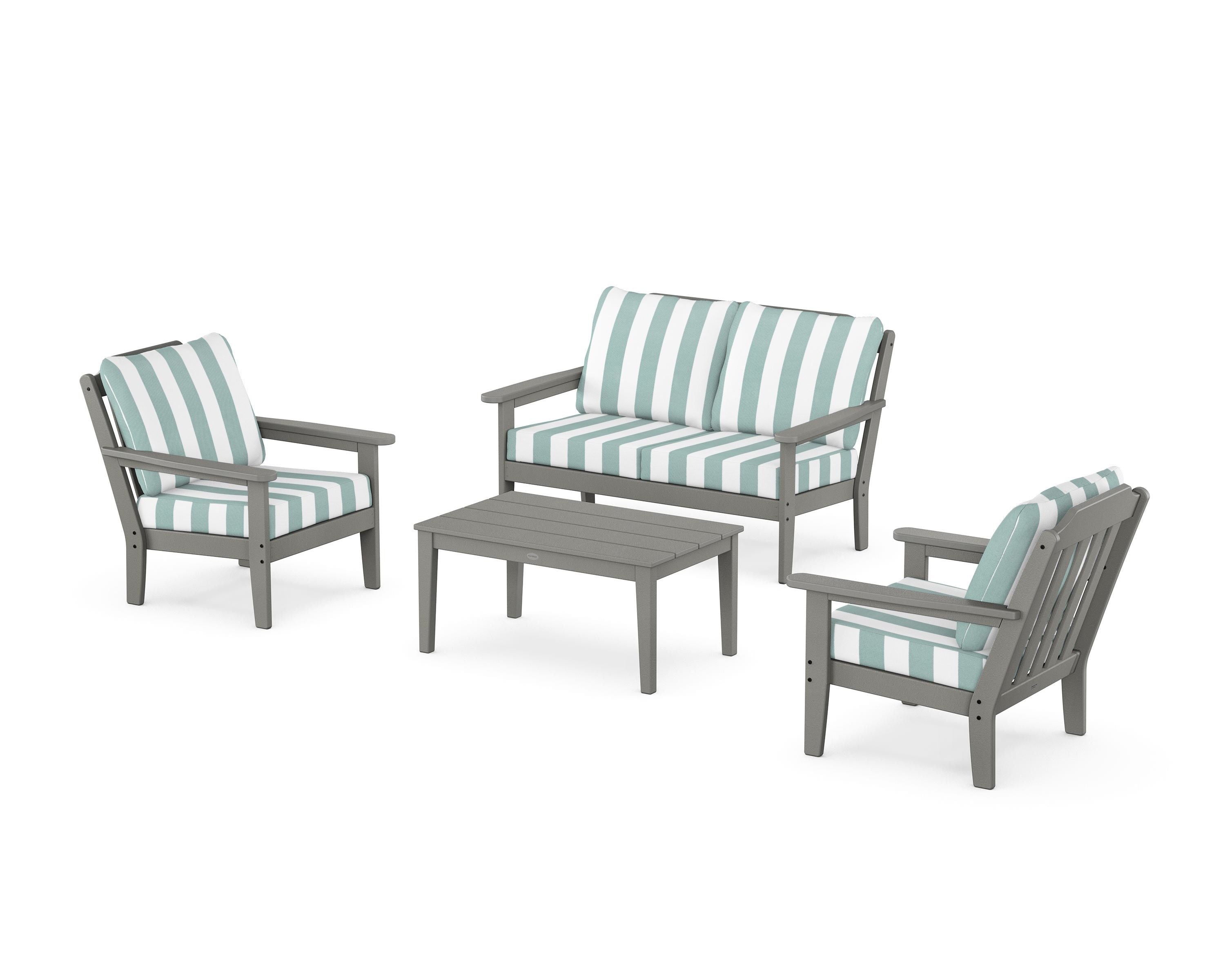Country Living Cottage 4-Piece Deep Seating Set with Loveseat in Slate Grey / Cabana Stripe Glacier Spa