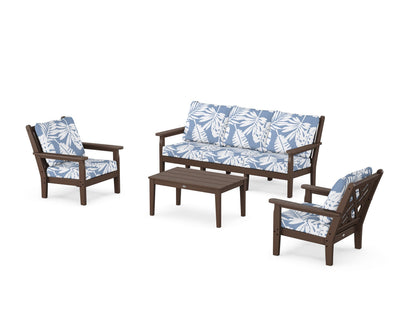 POLYWOOD® Chippendale 4-Piece Deep Seating Set with Sofa in Mahogany / Leaf Sky Blue