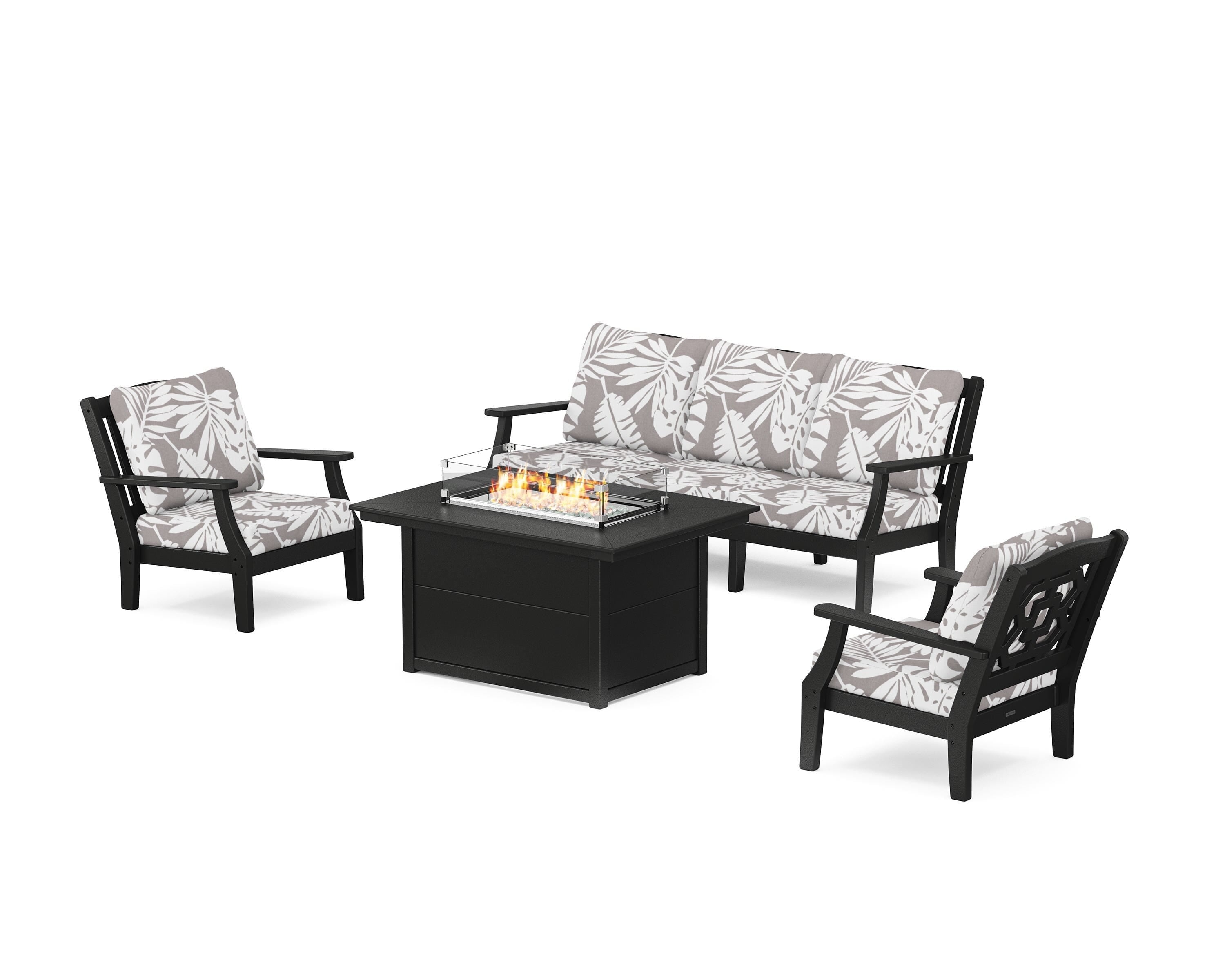 Martha Stewart by POLYWOOD® Chinoiserie Deep Seating Fire Pit Table Set in Black / Leaf Grey Mist