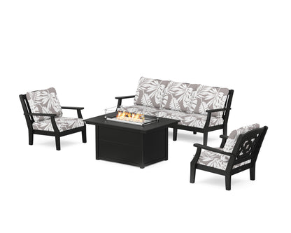 Martha Stewart by POLYWOOD® Chinoiserie Deep Seating Fire Pit Table Set in Black / Leaf Grey Mist