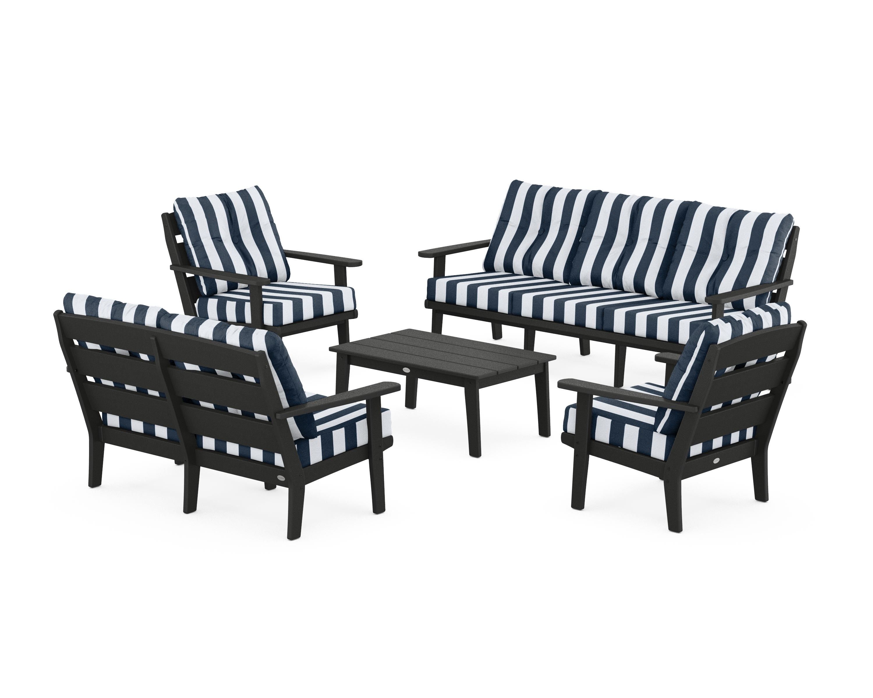 POLYWOOD® Lakeside 5-Piece Lounge Sofa Set in Black / Cabana Stripe Marine Indigo