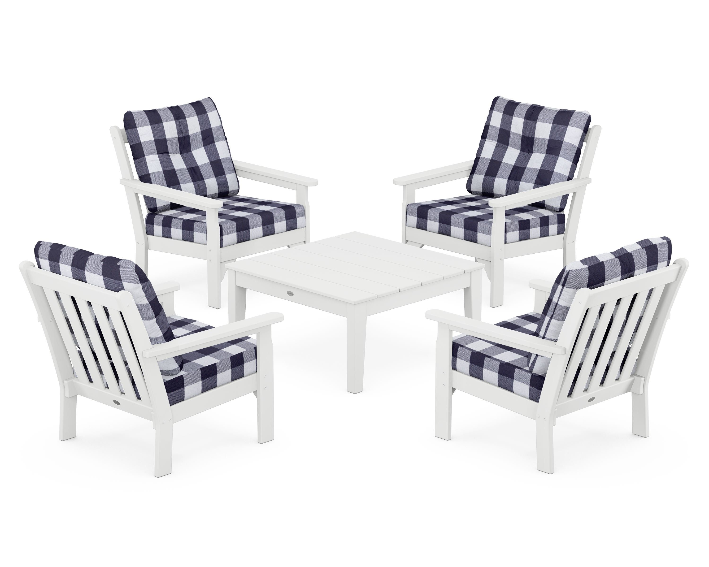 POLYWOOD® Vineyard 5-Piece Deep Seating Conversation Set in White / Buffalo Plaid Navy
