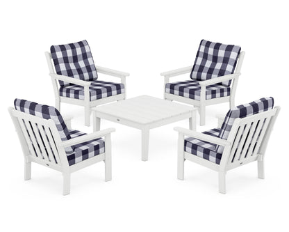 POLYWOOD® Vineyard 5-Piece Deep Seating Conversation Set in White / Buffalo Plaid Navy