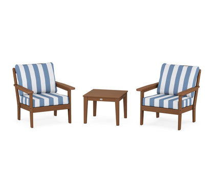 Country Living Cottage 3-Piece Deep Seating Set in Teak / Cabana Stripe Sky Blue