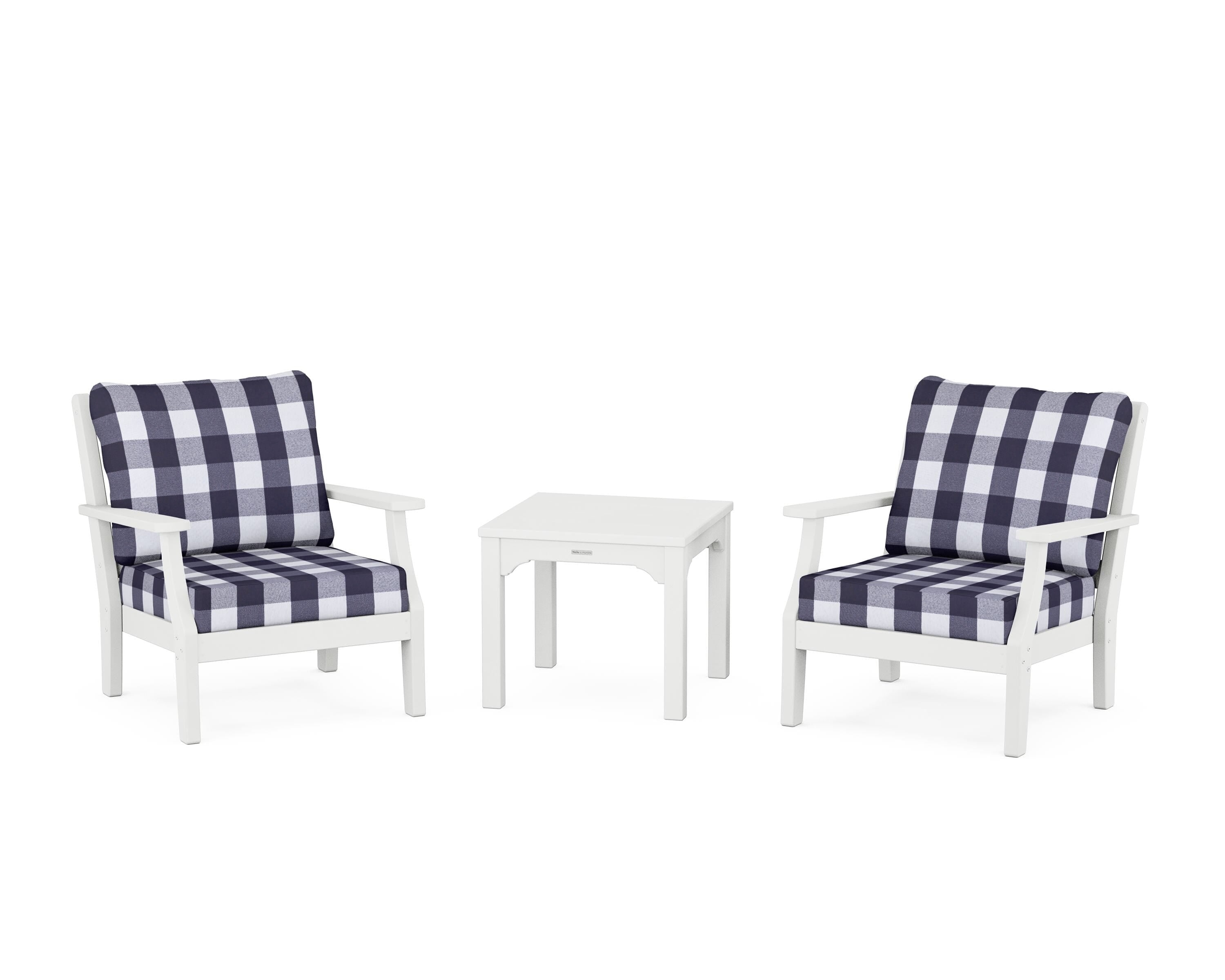 Martha Stewart by POLYWOOD® Chinoiserie 3-Piece Deep Seating Set in White / Buffalo Plaid Navy