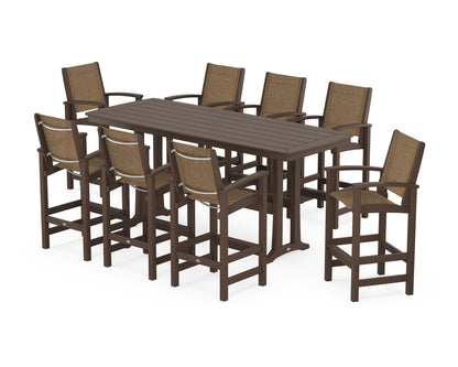 POLYWOOD® Coastal 9-Piece Bar Set with Trestle Legs in Mahogany / Burlap Sling
