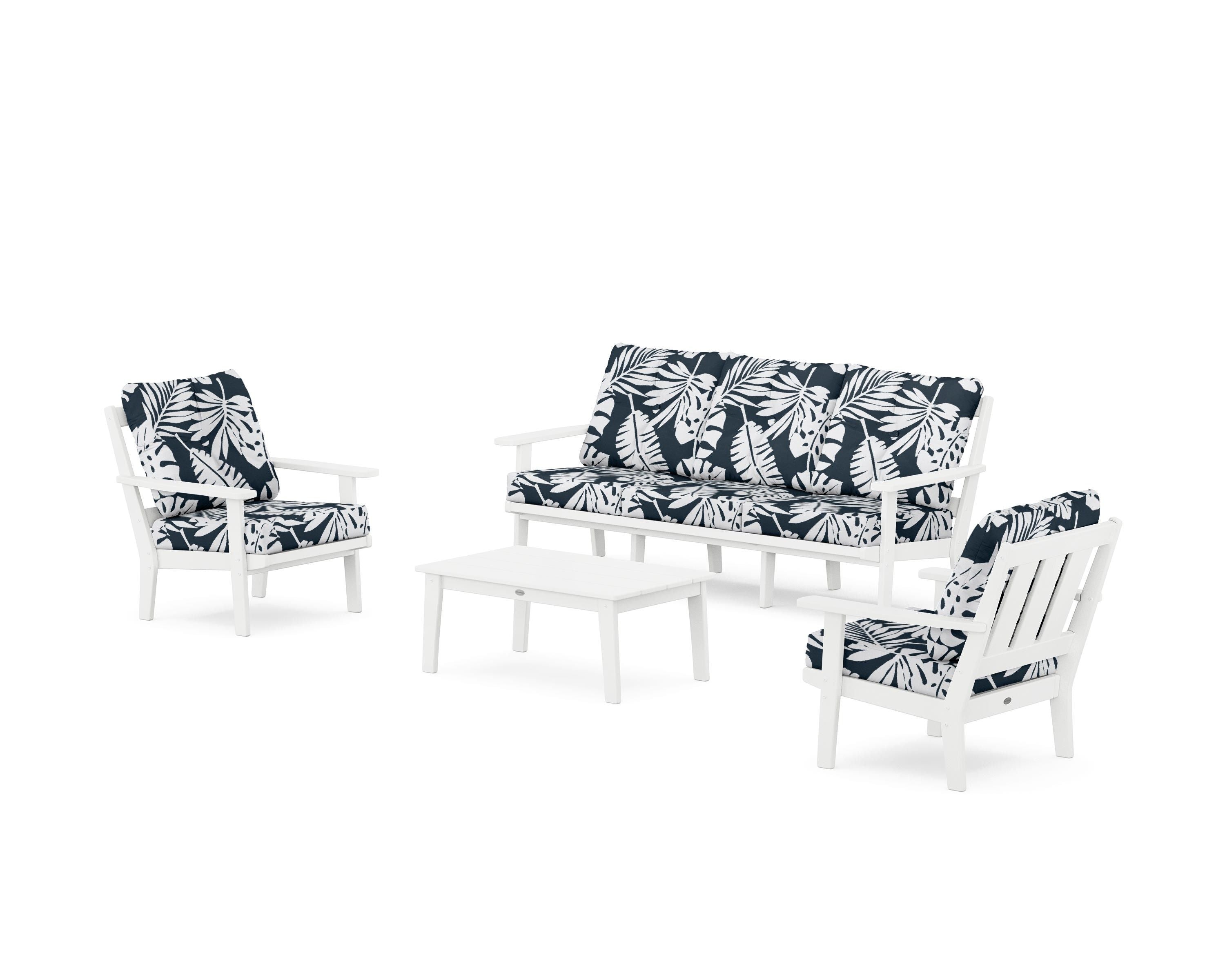 POLYWOOD® Oxford 4-Piece Deep Seating Set with Sofa in White / Leaf Marine Indigo