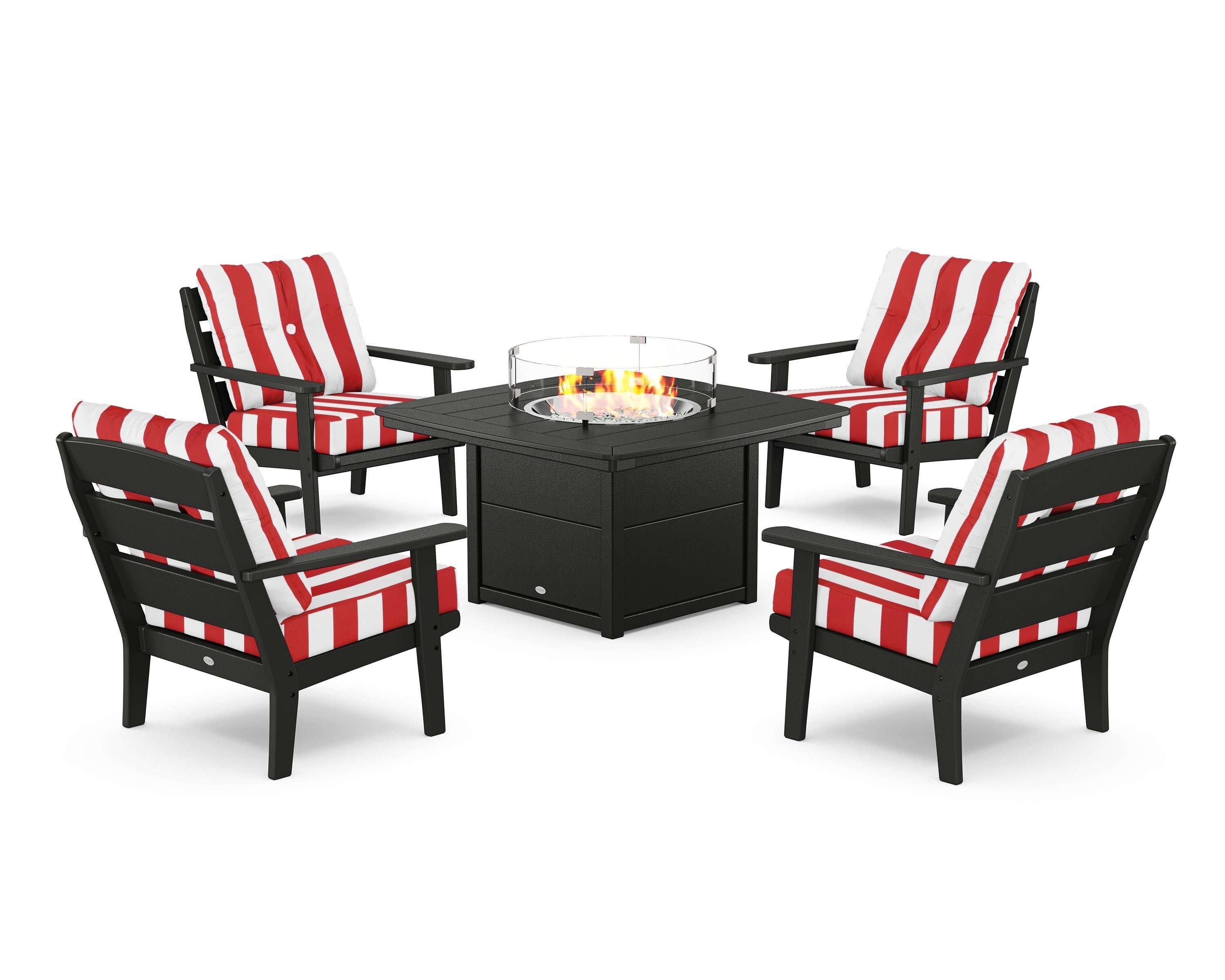 POLYWOOD® Lakeside 5-Piece Deep Seating Set with Nautical Fire Pit Table in Black / Cabana Stripe Crimson