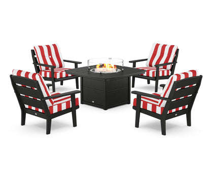 POLYWOOD® Lakeside 5-Piece Deep Seating Set with Nautical Fire Pit Table in Black / Cabana Stripe Crimson