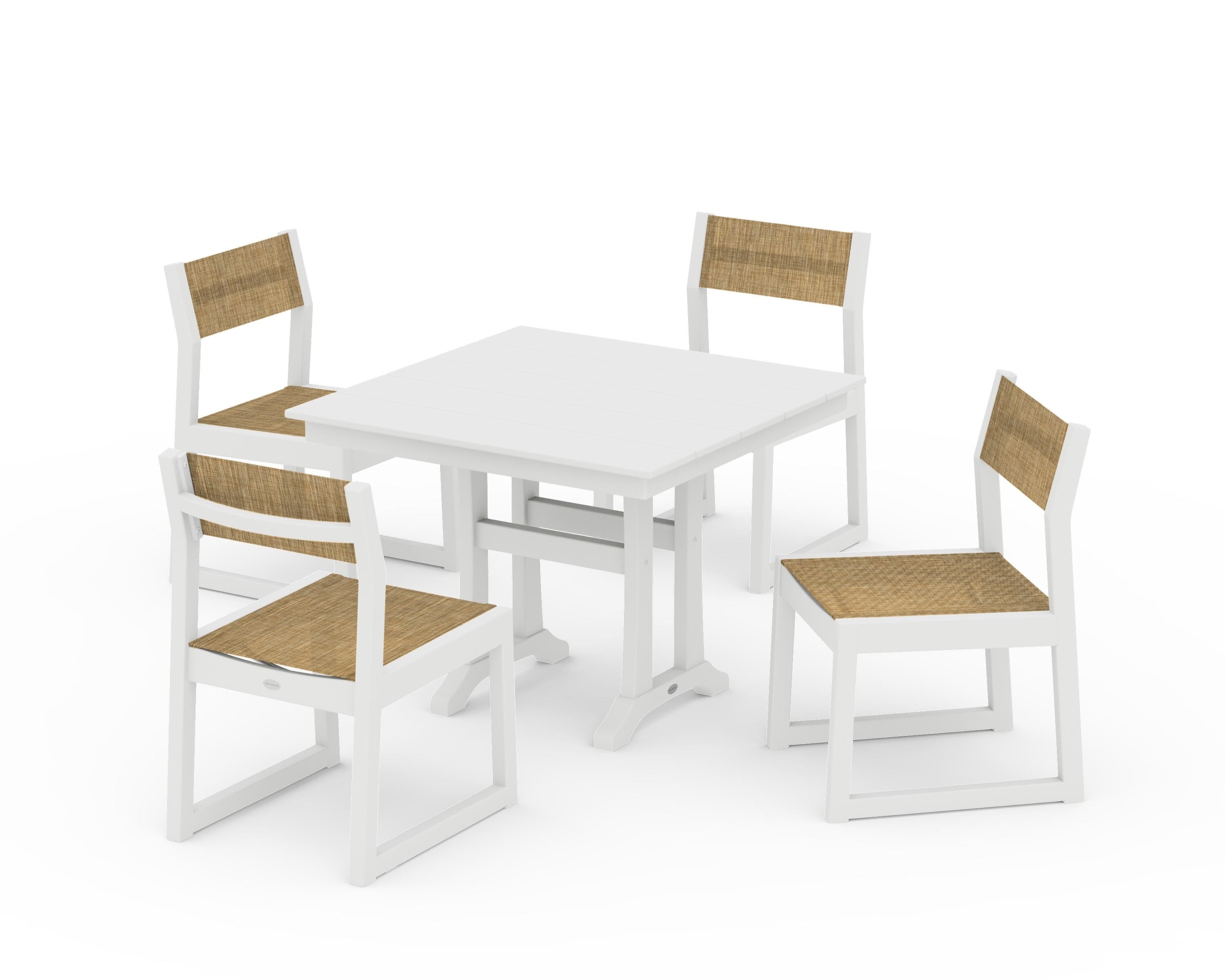 POLYWOOD® EDGE Sling 5-Piece Farmhouse Trestle Side Chair Dining Set in White / Burlap Sling