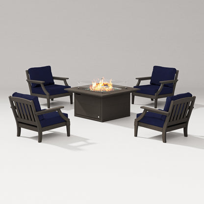 PW Designer Series Estate 5-Piece Lounge Fire Table Set in Vintage Coffee / Navy
