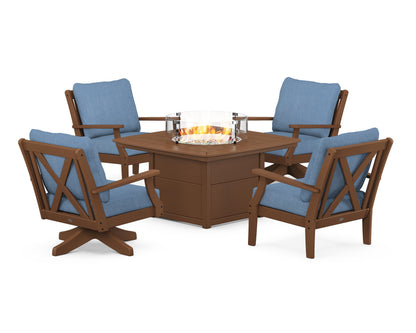 POLYWOOD® Braxton 5-Piece Deep Seating Set with Fire Table in Teak / Sky Blue