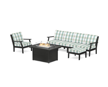 POLYWOOD® Braxton Sectional Lounge and Fire Pit Set in Black / Buffalo Plaid Glacier Spa