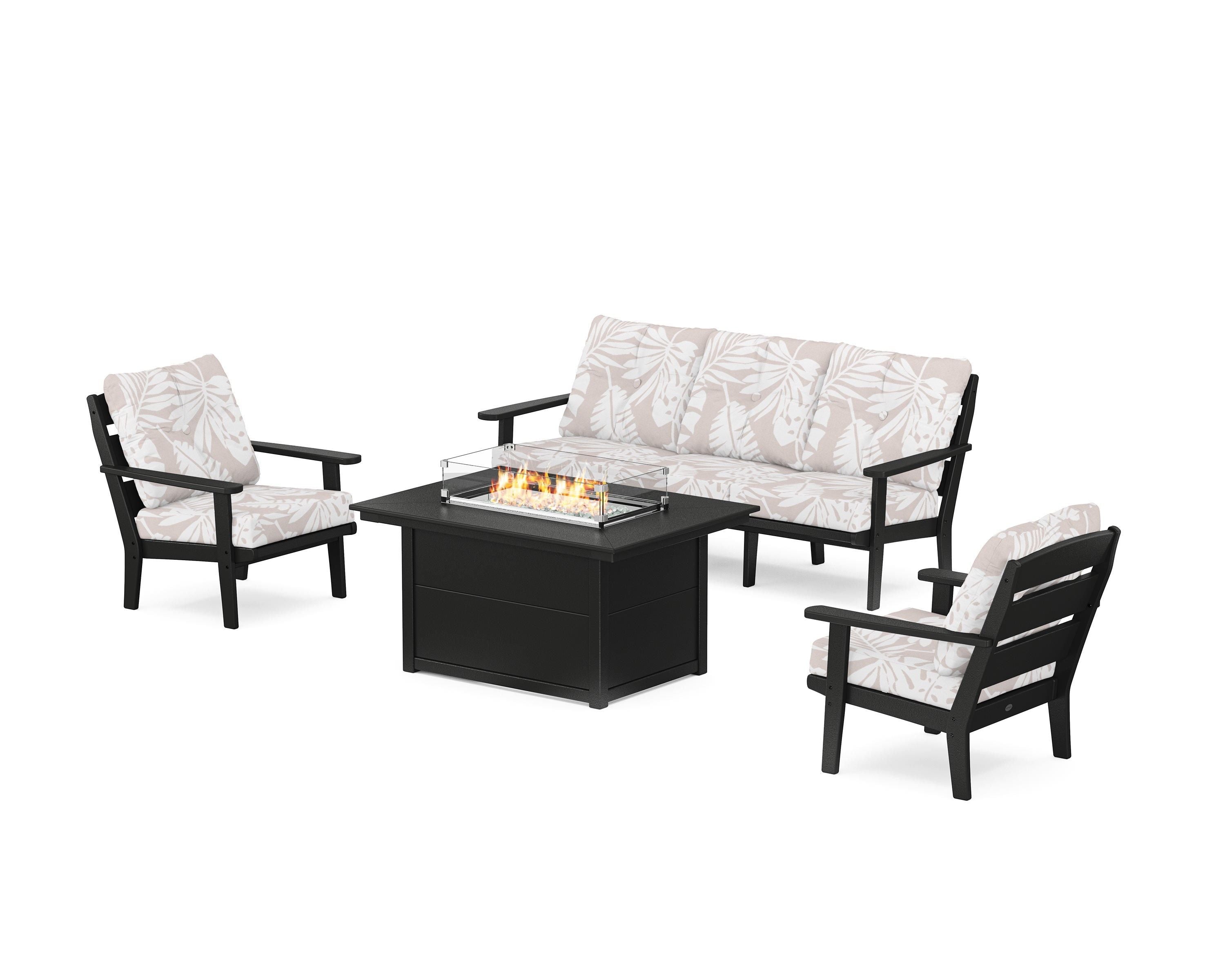 POLYWOOD® Lakeside Deep Seating Fire Pit Table Set in Black / Leaf Dune Burlap