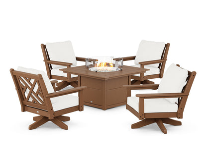 POLYWOOD® Chippendale 5-Piece Deep Seating Swivel Conversation Set with Fire Pit Table in Teak / Natural Linen