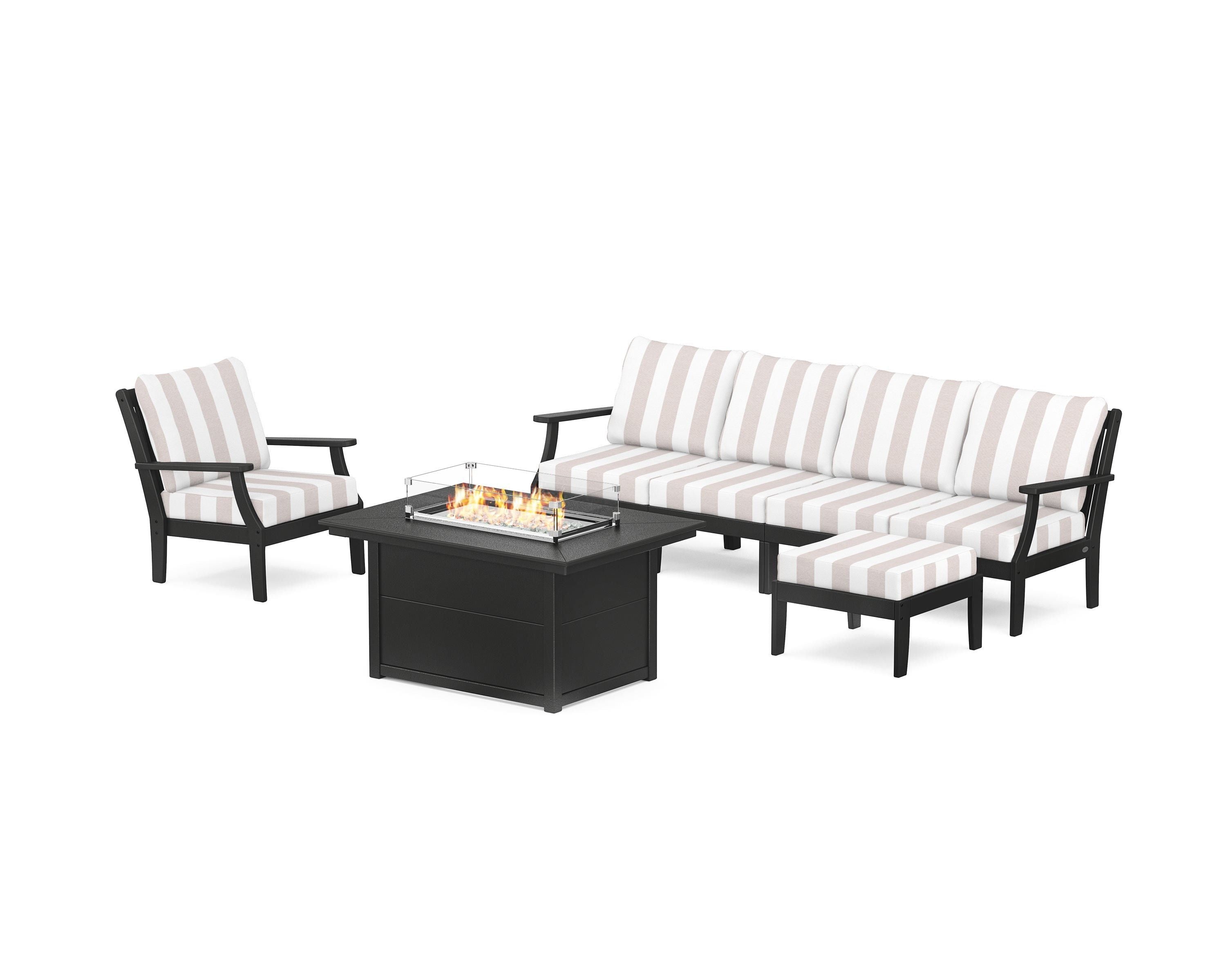 POLYWOOD® Braxton Sectional Lounge and Fire Pit Set in Black / Cabana Stripe Dune Burlap