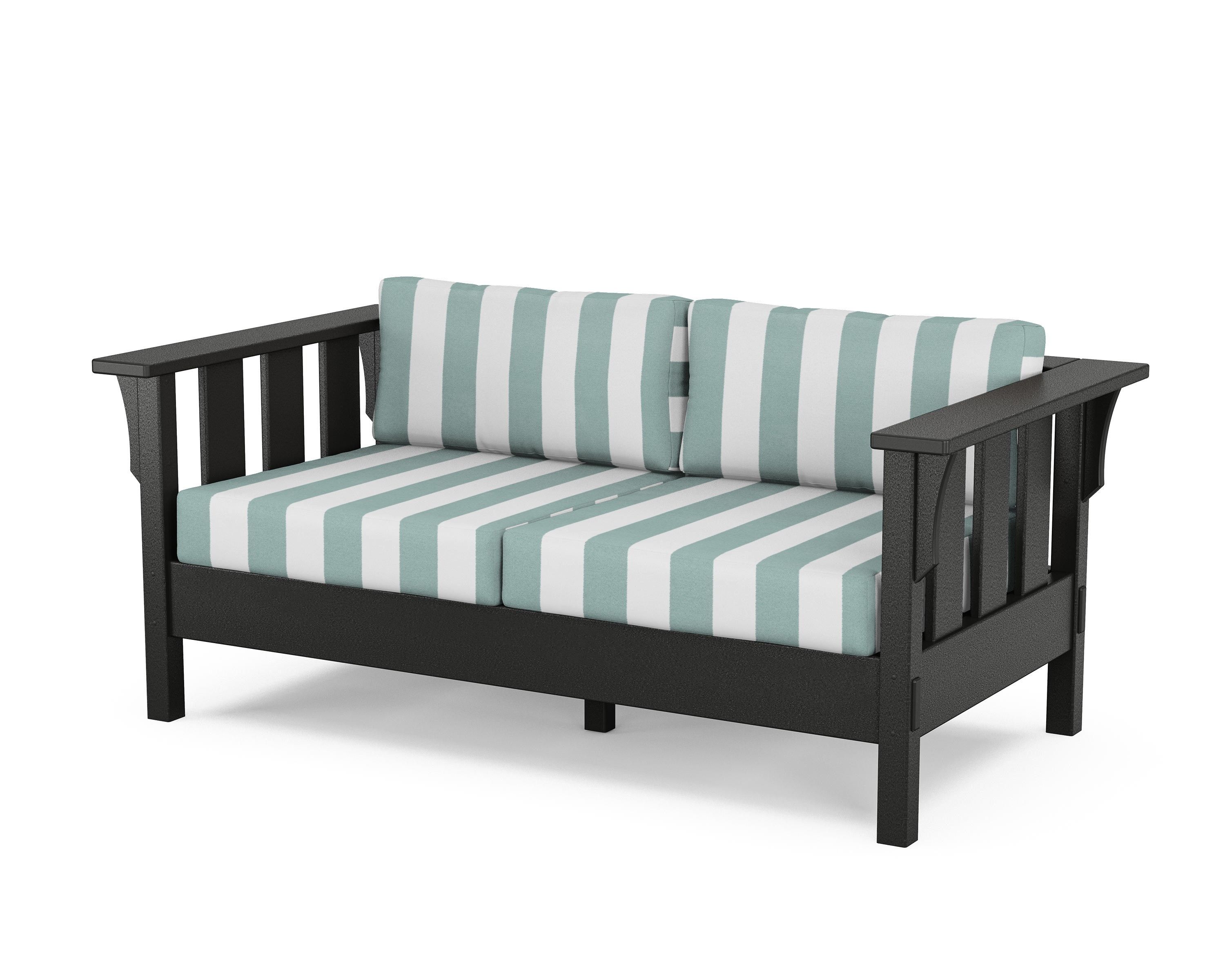 Martha Stewart by POLYWOOD® Acadia Deep Seating Loveseat in Black / Cabana Stripe Glacier Spa