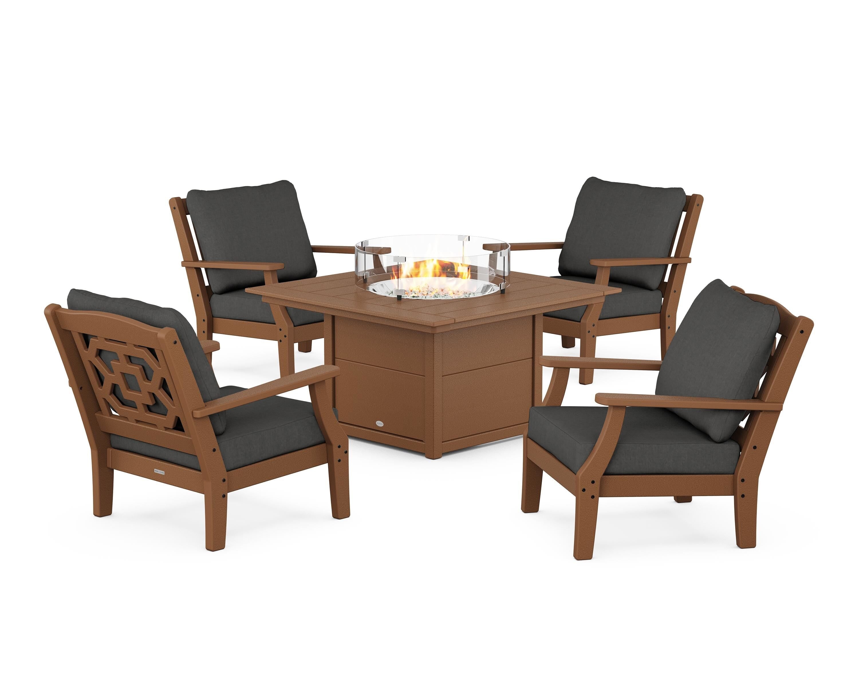 Martha Stewart by POLYWOOD® Chinoiserie 5-Piece Deep Seating Set with Fire Pit Table in Teak / Spectrum Carbon
