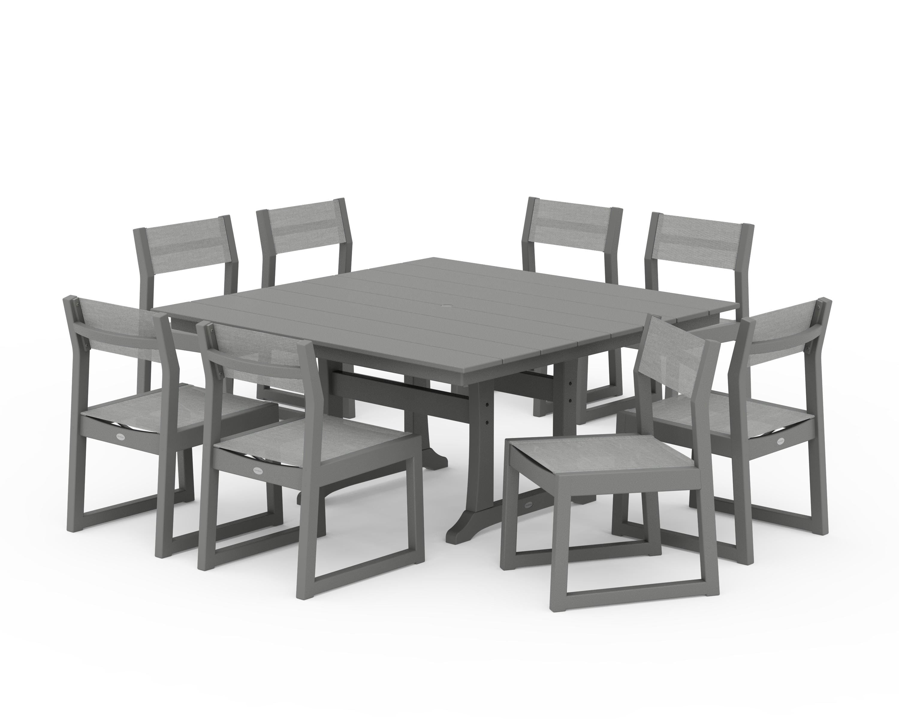 POLYWOOD® EDGE Sling Side Chair 9-Piece Farmhouse Trestle Dining Set in Slate Grey / Metallic Sling