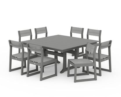 POLYWOOD® EDGE Sling Side Chair 9-Piece Farmhouse Trestle Dining Set in Slate Grey / Metallic Sling