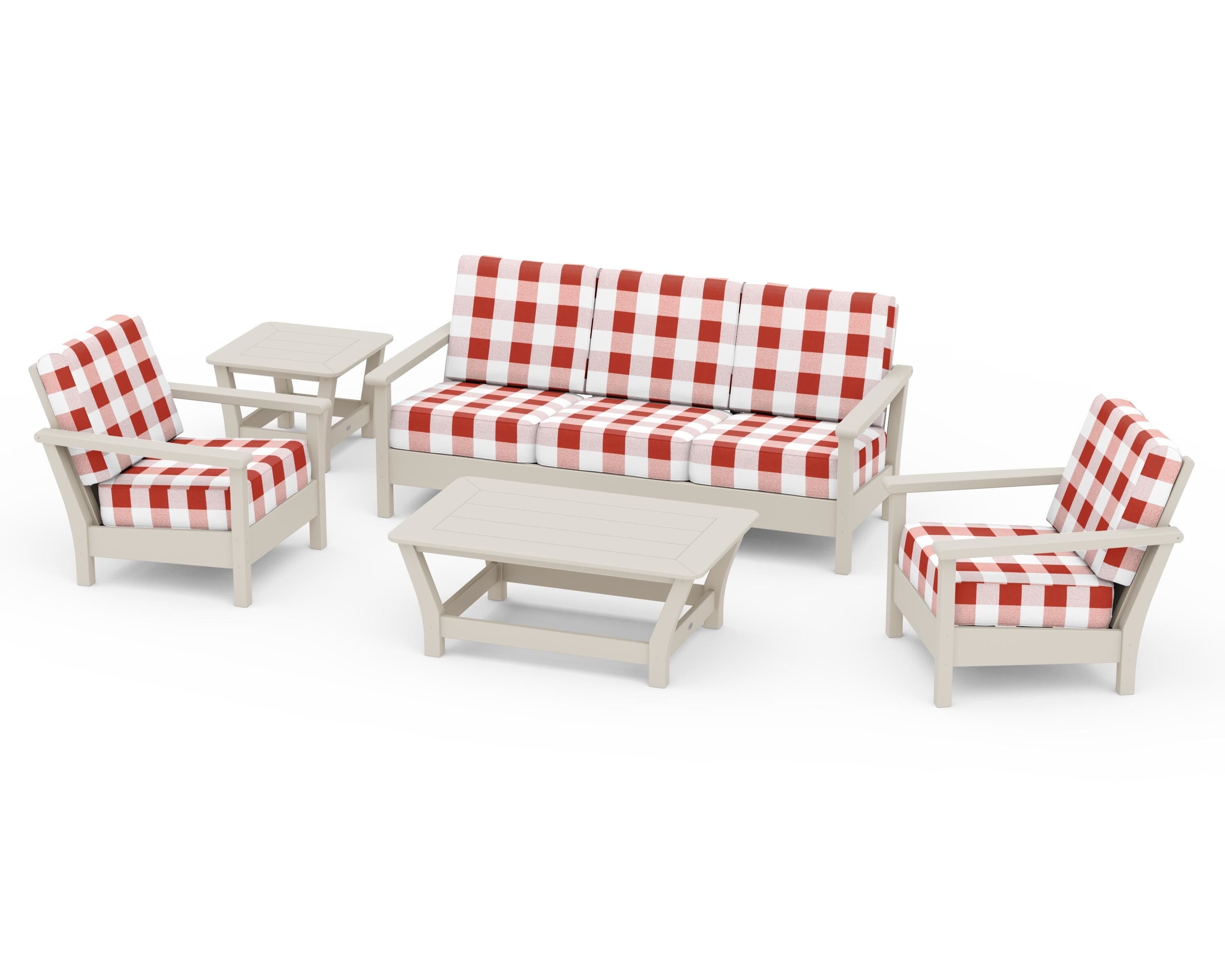 POLYWOOD® Harbour 5-Piece Deep Seating Set in Sand / Buffalo Plaid Crimson