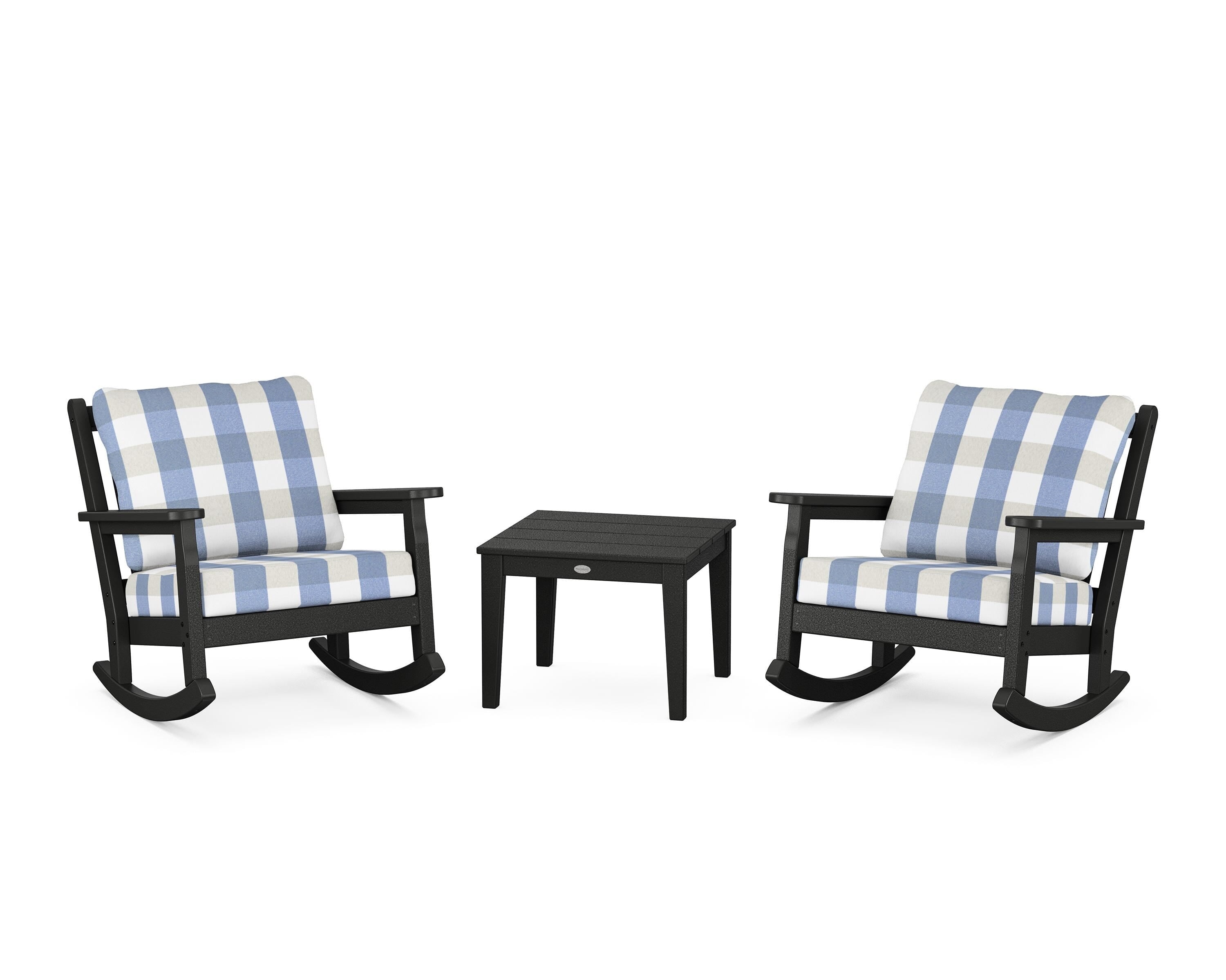 POLYWOOD® Chippendale 3-Piece Deep Seating Rocker Set in Black / Buffalo Plaid Sky Blue