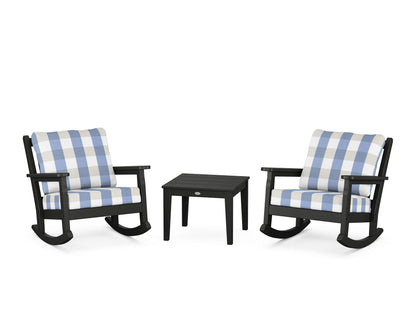 POLYWOOD® Chippendale 3-Piece Deep Seating Rocker Set in Black / Buffalo Plaid Sky Blue