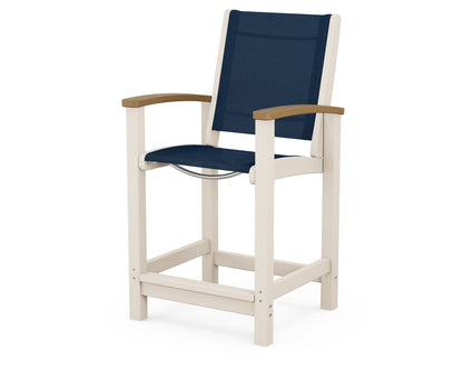 POLYWOOD® Coastal Counter Chair in Sand / Natural / Navy Blue Sling
