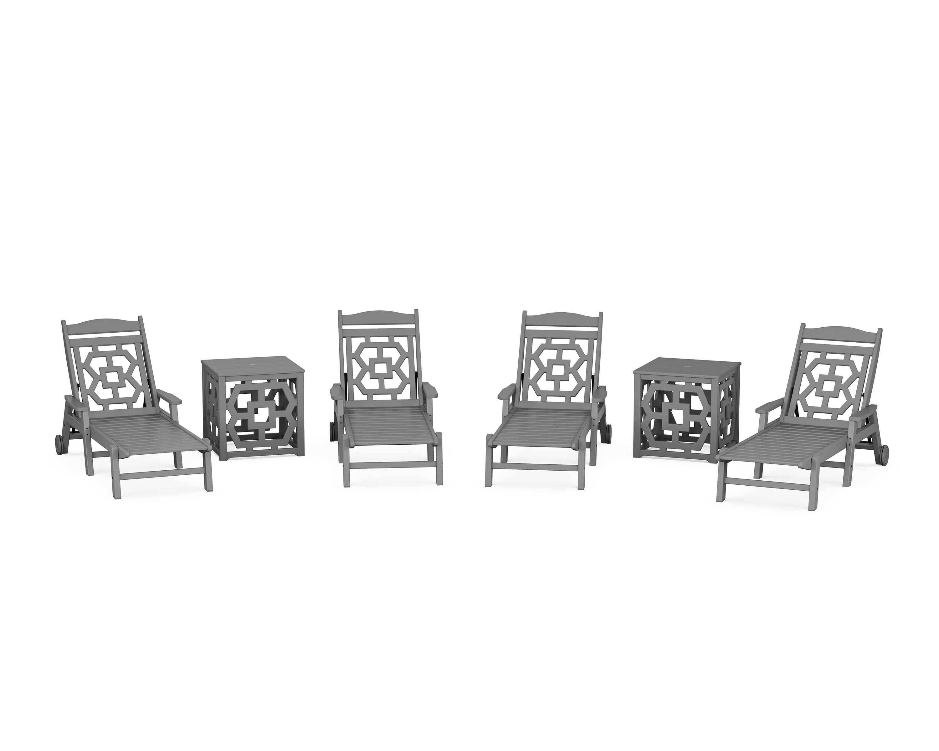 Martha Stewart by POLYWOOD® Chinoiserie 6-Piece Chaise Set with Umbrella Stand Accent Table in Slate Grey