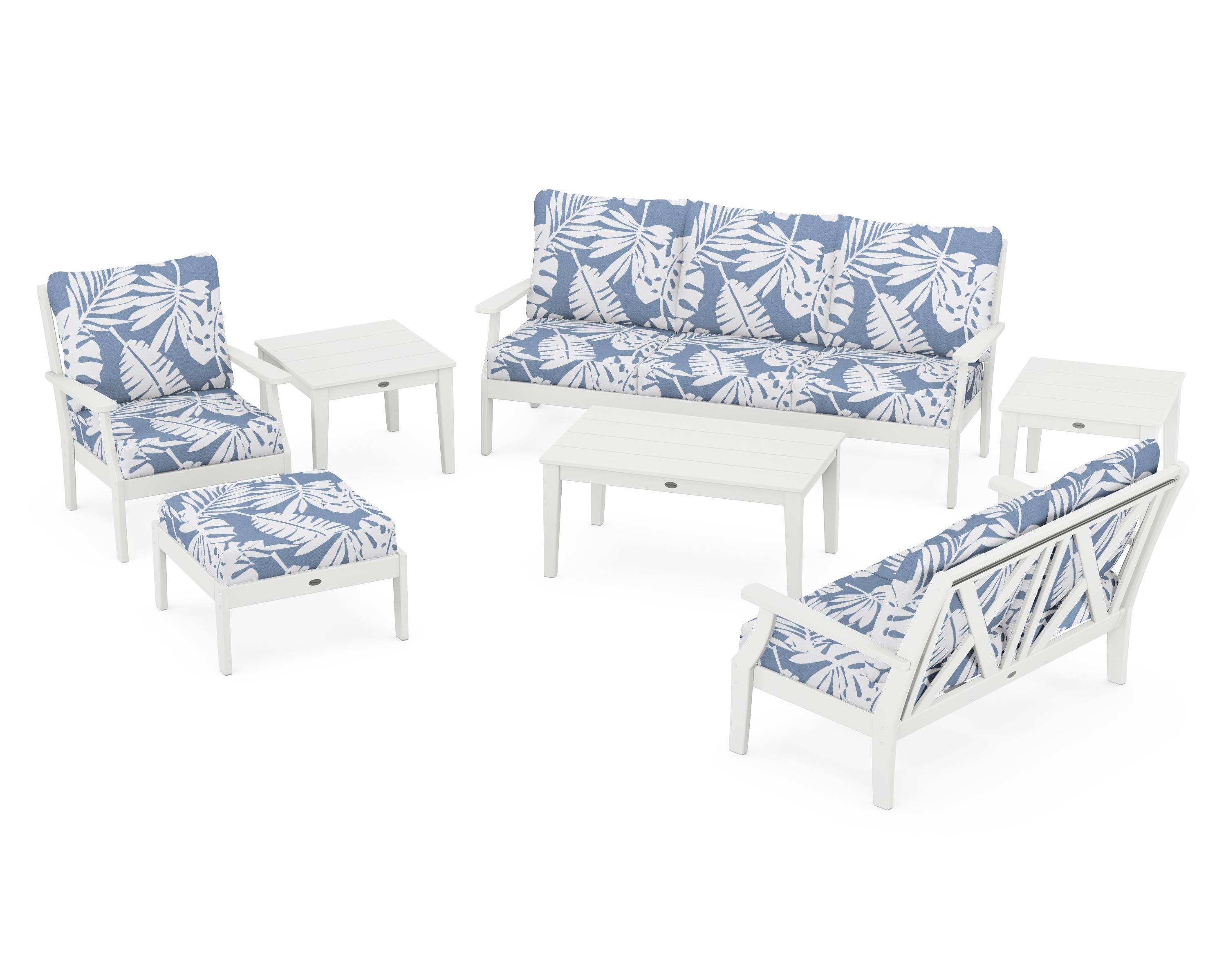 POLYWOOD® Braxton 7-Piece Deep Seating Set in White / Leaf Sky Blue