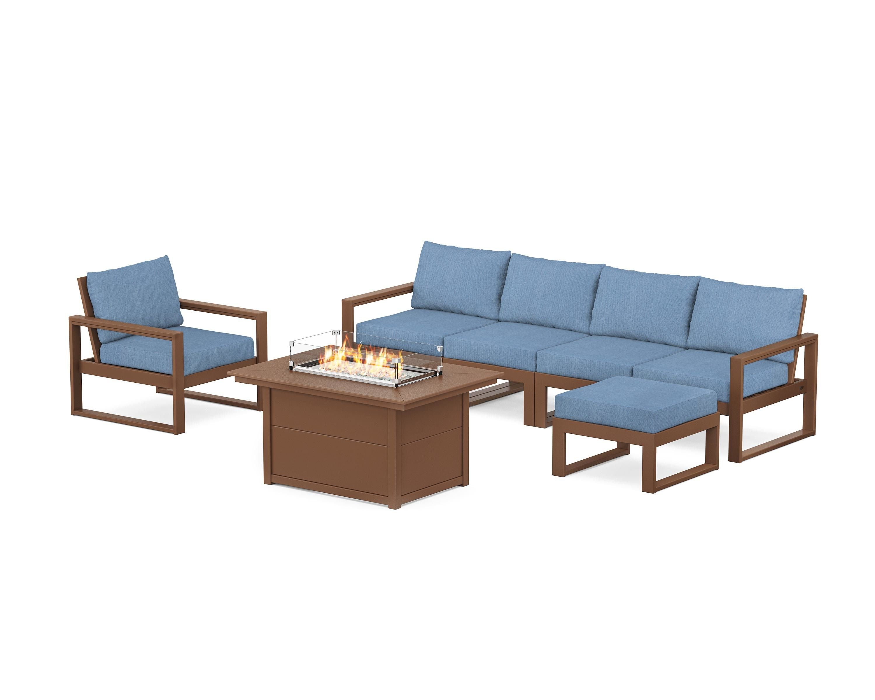 POLYWOOD® EDGE Sectional Lounge and Fire Pit Set in Teak / Sky Blue