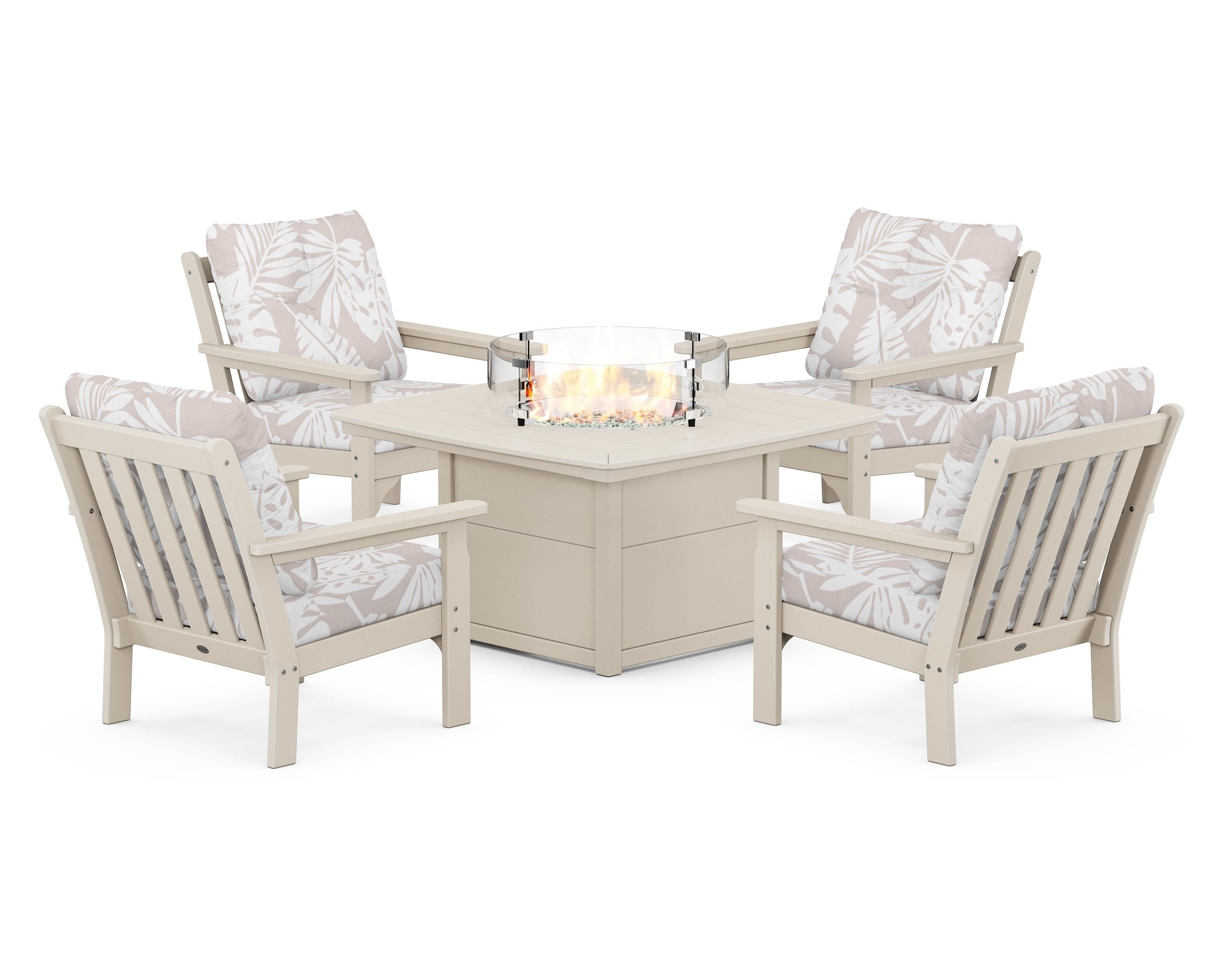 POLYWOOD® Vineyard 5-Piece Conversation Set with Fire Pit Table in Sand / Leaf Dune Burlap