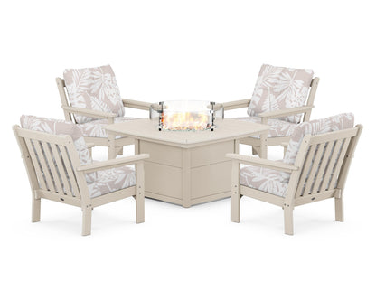 POLYWOOD® Vineyard 5-Piece Conversation Set with Fire Pit Table in Sand / Leaf Dune Burlap