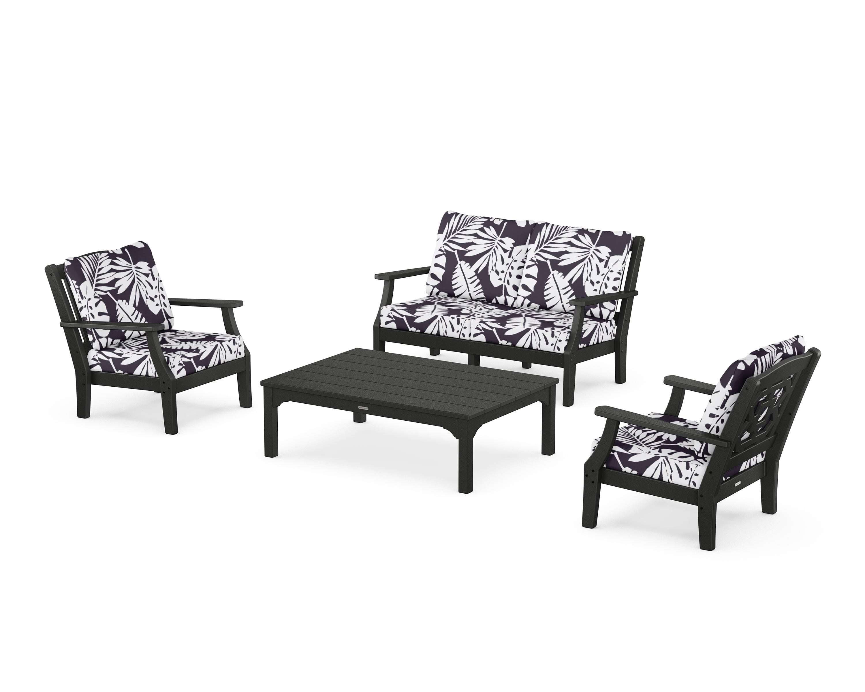 Martha Stewart by POLYWOOD® Chinoiserie 4-Piece Deep Seating Set with Loveseat in Black / Leaf Navy