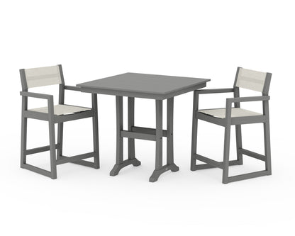 POLYWOOD® EDGE Sling Arm Chair 3-Piece Farmhouse Counter Set with Trestle Legs in Slate Grey / Parchment Sling